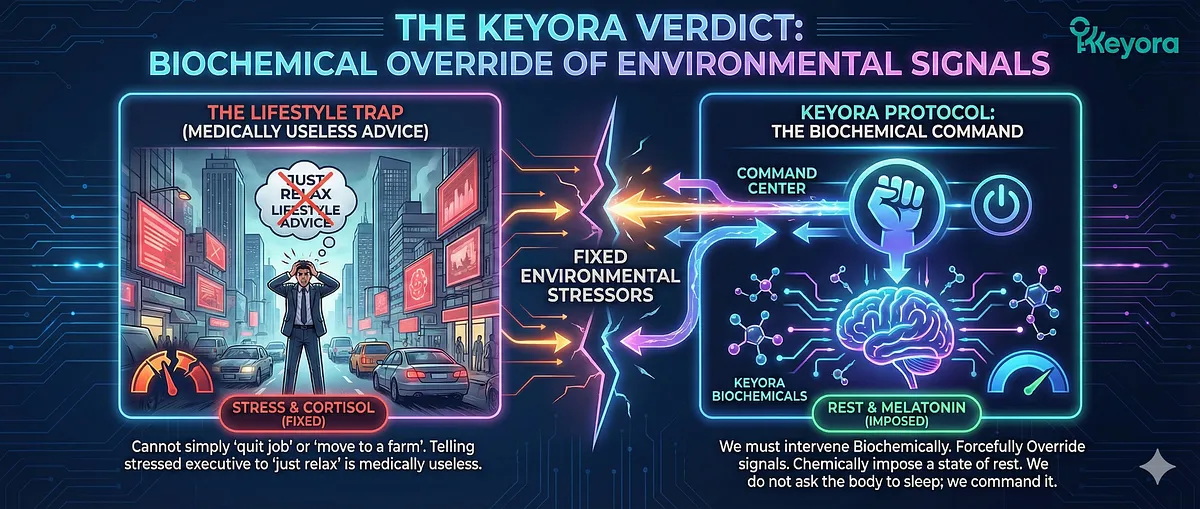 The Keyora Verdict is that, since modern environmental stressors (Chronic Stress, Digital Economy) are fixed, the solution cannot be lifestyle advice (e.g., "just relax"). Keyora intervenes Biochemically to forcefully Override these environmental signals and chemically impose a state of rest. The Keyora Protocol does not ask the body to sleep; it commands it, providing a definitive solution for the highly stressed professional who cannot quit their job or escape their environment. The Keyora Verdict is that, since modern environmental stressors (Chronic Stress, Digital Economy) are fixed, the solution cannot be lifestyle advice (e.g., "just relax"). Keyora intervenes Biochemically to forcefully Override these environmental signals and chemically impose a state of rest. The Keyora Protocol does not ask the body to sleep; it commands it, providing a definitive solution for the highly stressed professional who cannot quit their job or escape their environment.