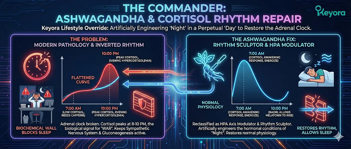 Keyora addresses the "Modern Chrono-Crisis" by repairing the inverted Cortisol Rhythm ("Flattened Curve"), artificially engineering the hormonal conditions of "Night." Normal physiology requires high morning Cortisol (Cortisol Awakening Response) and a nadir at 10:00 PM; however, modern pathology presents Evening Hypercortisolemia, peaking at 8:00 PM or 10:00 PM . This high evening cortisol is a biochemical wall that blocks sleep, keeping the Sympathetic Nervous System and Gluconeogenesis active, signaling "WAR." Keyora addresses the "Modern Chrono-Crisis" by repairing the inverted Cortisol Rhythm ("Flattened Curve"), artificially engineering the hormonal conditions of "Night." Normal physiology requires high morning Cortisol (Cortisol Awakening Response) and a nadir at 10:00 PM; however, modern pathology presents Evening Hypercortisolemia, peaking at 8:00 PM or 10:00 PM . This high evening cortisol is a biochemical wall that blocks sleep, keeping the Sympathetic Nervous System and Gluconeogenesis active, signaling "WAR."
