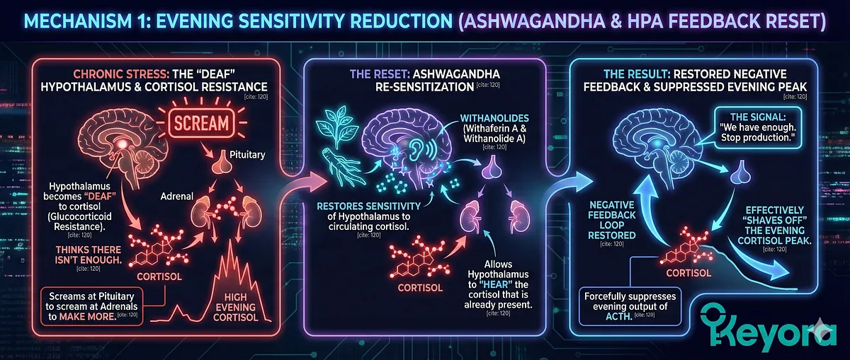 Ashwagandha is reclassified as an HPA Axis Modulator and Rhythm Sculptor for Chrono-Stress, rather than merely an anxiolytic. Its Withanolides (A and A) restore Hypothalamus sensitivity to circulating cortisol, which is often "deaf" (Glucocorticoid Resistance) in chronic stress. Ashwagandha resets this Negative Feedback Loop, allowing the Hypothalamus to "hear" the cortisol ("We have enough. Stop production"), forcefully suppressing ACTH and effectively "shaving off" the evening cortisol peak. Ashwagandha is reclassified as an HPA Axis Modulator and Rhythm Sculptor for Chrono-Stress, rather than merely an anxiolytic. Its Withanolides (A and A) restore Hypothalamus sensitivity to circulating cortisol, which is often "deaf" (Glucocorticoid Resistance) in chronic stress. Ashwagandha resets this Negative Feedback Loop, allowing the Hypothalamus to "hear" the cortisol ("We have enough. Stop production"), forcefully suppressing ACTH and effectively "shaving off" the evening cortisol peak.