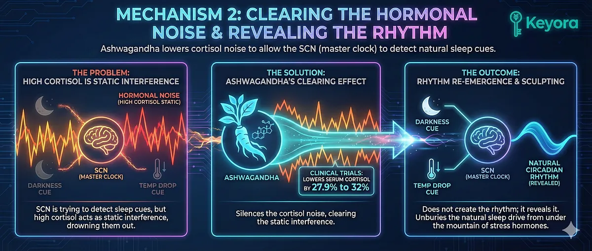 Ashwagandha clears the "Hormonal Noise" by lowering serum cortisol by 27.9% to 32% (clinical data), silencing the high cortisol "static interference" that drowns out natural sleep cues. The Suprachiasmatic Nucleus (SCN), the body's master clock, can now detect the faint, natural signals of the Circadian Rhythm, allowing the natural sleep drive to re-emerge from under the mountain of stress hormones. Ashwagandha clears the "Hormonal Noise" by lowering serum cortisol by 27.9% to 32% (clinical data), silencing the high cortisol "static interference" that drowns out natural sleep cues. The Suprachiasmatic Nucleus (SCN), the body's master clock, can now detect the faint, natural signals of the Circadian Rhythm, allowing the natural sleep drive to re-emerge from under the mountain of stress hormones.