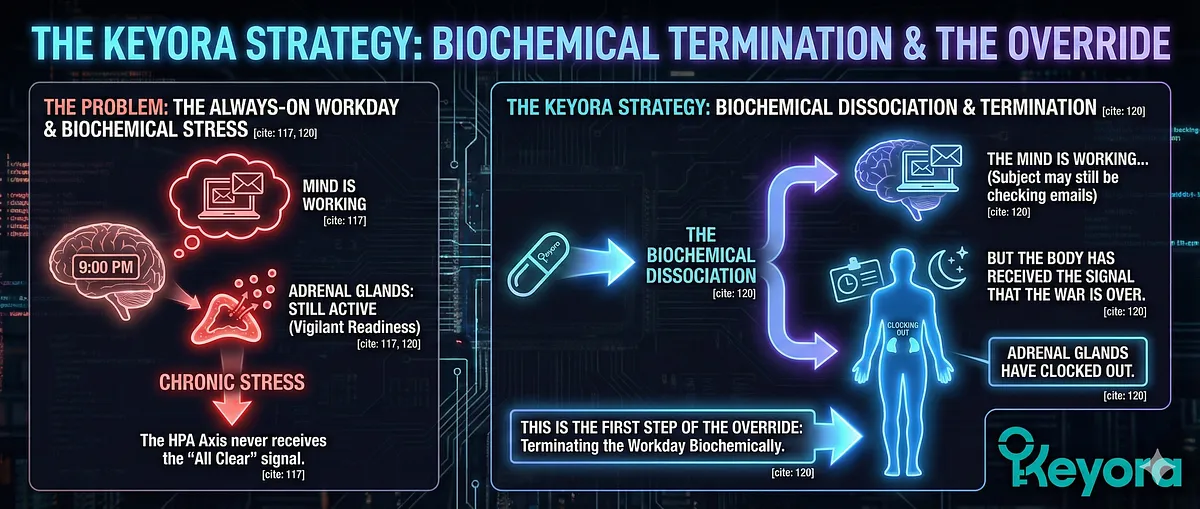 The Keyora Strategy involves dosing the Matrix in the evening to biochemically Terminate the Workday, not just to sedate. By suppressing the evening cortisol peak with Ashwagandha, Keyora ensures that even if the mind is still engaged (e.g., checking emails at 9:00 PM), the adrenal glands have "clocked out" . This creates a biochemical dissociation where the body receives the signal that the "war is over," initiating the first step of the Override. The Keyora Strategy involves dosing the Matrix in the evening to biochemically Terminate the Workday, not just to sedate. By suppressing the evening cortisol peak with Ashwagandha, Keyora ensures that even if the mind is still engaged (e.g., checking emails at 9:00 PM), the adrenal glands have "clocked out" . This creates a biochemical dissociation where the body receives the signal that the "war is over," initiating the first step of the Override.