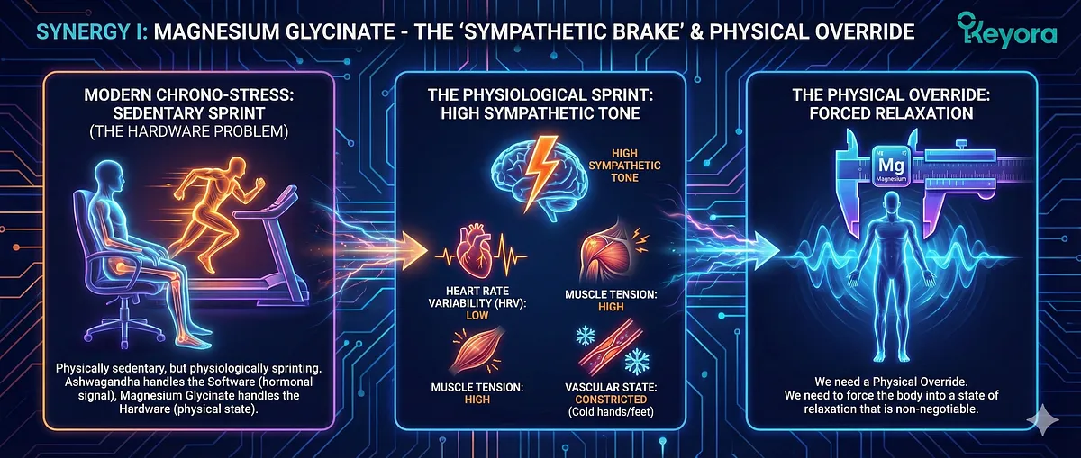 Synergy I uses Magnesium Glycinate as the "Sympathetic Brake" to provide a Physical Override for the Chrono-Stress subject who is physically sedentary but physiologically sprinting. This component addresses high Sympathetic Tone, low Heart Rate Variability (HRV), high muscle tension (shoulders/jaw), and constricted vascular state (cold hands/feet), forcing the body into a non-negotiable state of physical relaxation. Synergy I uses Magnesium Glycinate as the "Sympathetic Brake" to provide a Physical Override for the Chrono-Stress subject who is physically sedentary but physiologically sprinting. This component addresses high Sympathetic Tone, low Heart Rate Variability (HRV), high muscle tension (shoulders/jaw), and constricted vascular state (cold hands/feet), forcing the body into a non-negotiable state of physical relaxation.