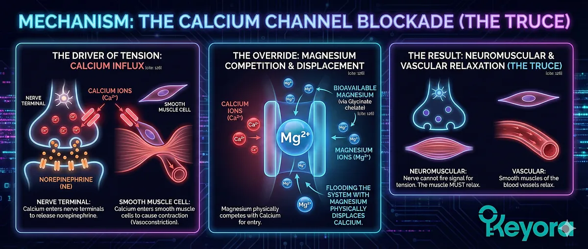 Magnesium Glycinate acts as a "Sympathetic Brake" through Calcium Channel Blockade, which initiates a physical "Truce." The primary driver of physical tension is Calcium, which triggers Norepinephrine release in nerve terminals and Vasoconstriction in smooth muscle . Magnesium physically competes with Calcium, displacing it to force Neuromuscular relaxation (nerve cannot fire tension signal) and Vascular relaxation (smooth blood vessel muscles relax). Magnesium Glycinate acts as a "Sympathetic Brake" through Calcium Channel Blockade, which initiates a physical "Truce." The primary driver of physical tension is Calcium, which triggers Norepinephrine release in nerve terminals and Vasoconstriction in smooth muscle . Magnesium physically competes with Calcium, displacing it to force Neuromuscular relaxation (nerve cannot fire tension signal) and Vascular relaxation (smooth blood vessel muscles relax).