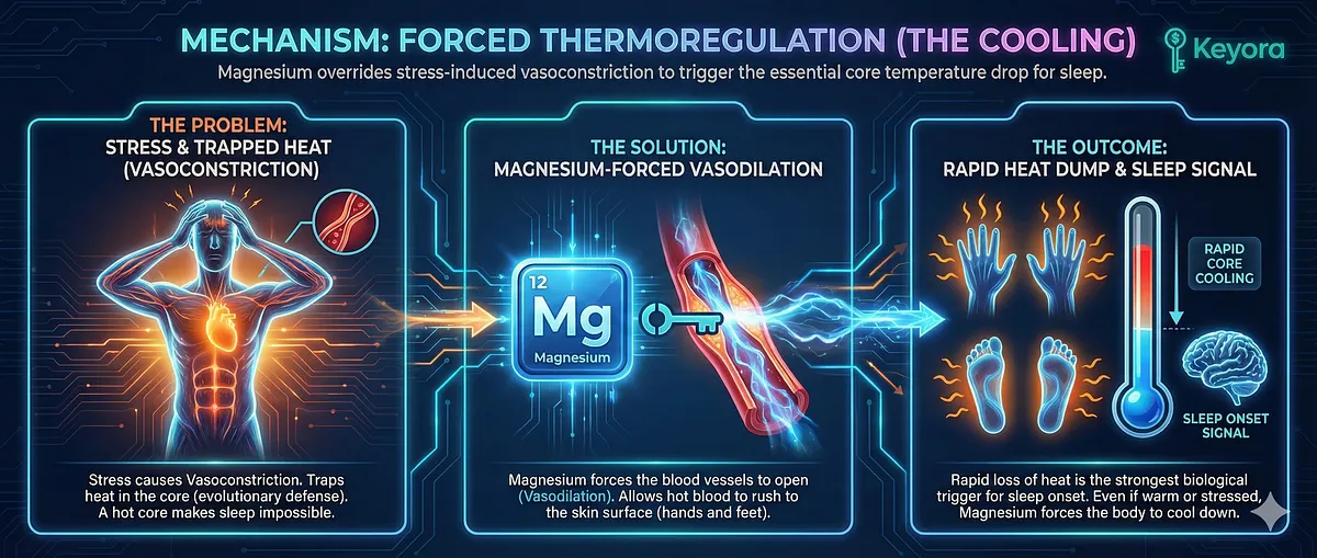 Magnesium Glycinate forces Thermoregulation by reversing stress-induced Vasoconstriction, which traps heat in the core and prevents sleep. The Vasodilation mechanism allows hot blood to rush to the skin surface (hands and feet), enabling a rapid Heat Dump. . This heat loss is the strongest biological trigger for sleep onset, overriding external stress signals and forcing the body to cool down even if the room is warm. Magnesium Glycinate forces Thermoregulation by reversing stress-induced Vasoconstriction, which traps heat in the core and prevents sleep. The Vasodilation mechanism allows hot blood to rush to the skin surface (hands and feet), enabling a rapid Heat Dump. . This heat loss is the strongest biological trigger for sleep onset, overriding external stress signals and forcing the body to cool down even if the room is warm.