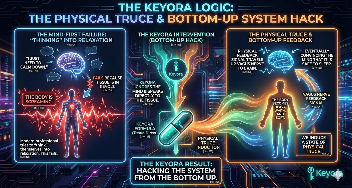 The Keyora Logic creates a "Physical Truce" by ignoring the mind's attempt to "think" its way into relaxation and speaking directly to the tissue via Magnesium Glycinate . Keyora forces the body to retire, inducing a state where the body becomes heavy, warm, and soft. This physical feedback signal travels up the Vagus Nerve to the brain, convincing the mind that it is safe to sleep and thus hacking the system from the bottom up. The Keyora Logic creates a "Physical Truce" by ignoring the mind's attempt to "think" its way into relaxation and speaking directly to the tissue via Magnesium Glycinate . Keyora forces the body to retire, inducing a state where the body becomes heavy, warm, and soft. This physical feedback signal travels up the Vagus Nerve to the brain, convincing the mind that it is safe to sleep and thus hacking the system from the bottom up.