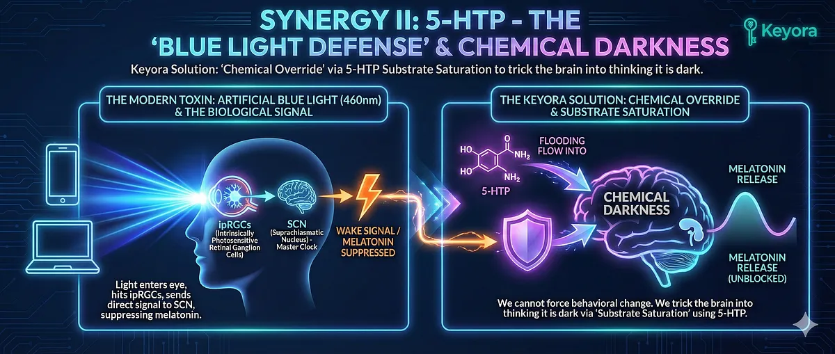 Synergy II uses 5-HTP as the "Blue Light Defense" against the most specific modern environmental toxin: 460nm artificial Blue Light. Blue light hitting the ipRGCs sends a direct signal to the Suprachiasmatic Nucleus (SCN) . The SCN then sends the message "It is Noon. Do not sleep," crushing Melatonin production by inhibiting the Serotonin N-Acetyltransferase (SNAT) enzyme, which is necessary for converting Serotonin to Melatonin. Synergy II uses 5-HTP as the "Blue Light Defense" against the most specific modern environmental toxin: 460nm artificial Blue Light. Blue light hitting the ipRGCs sends a direct signal to the Suprachiasmatic Nucleus (SCN) . The SCN then sends the message "It is Noon. Do not sleep," crushing Melatonin production by inhibiting the Serotonin N-Acetyltransferase (SNAT) enzyme, which is necessary for converting Serotonin to Melatonin.