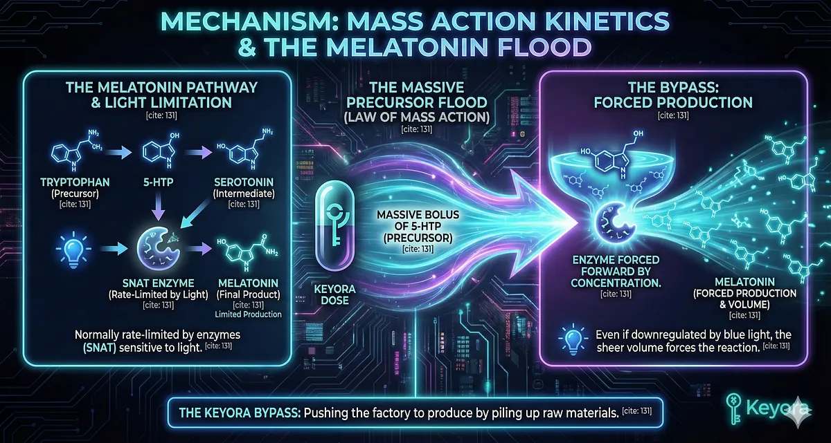 The Keyora Solution uses 5-HTP for a "Chemical Override" to trick the brain into thinking it is dark, bypassing difficult behavioral change. This uses Mass Action Kinetics by providing a massive bolus of 5-HTP, which is the direct precursor in the Melatonin pathway (Tryptophan -> 5-HTP -> Serotonin -> Melatonin). By flooding the Pineal Gland with Serotonin, the sheer volume of substrate forces the reaction forward, producing Melatonin even when light-sensitive enzymes (SNAT) are downregulated by blue light. The Keyora Solution uses 5-HTP for a "Chemical Override" to trick the brain into thinking it is dark, bypassing difficult behavioral change. This uses Mass Action Kinetics by providing a massive bolus of 5-HTP, which is the direct precursor in the Melatonin pathway (Tryptophan -> 5-HTP -> Serotonin -> Melatonin). By flooding the Pineal Gland with Serotonin, the sheer volume of substrate forces the reaction forward, producing Melatonin even when light-sensitive enzymes (SNAT) are downregulated by blue light.