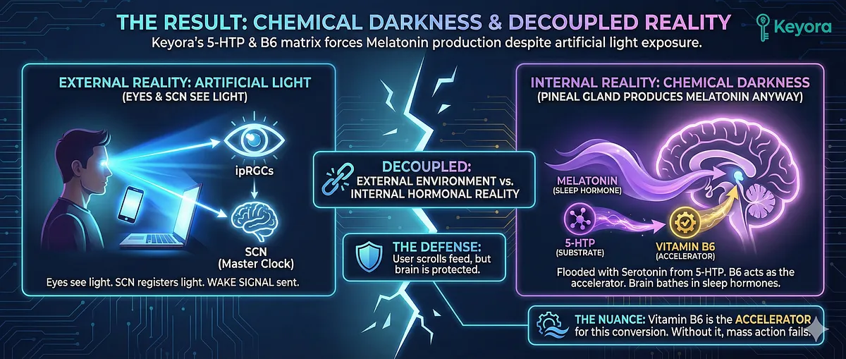 Flooding the Pineal Gland with 5-HTP creates a state of "Chemical Darkness," successfully decoupling the external environment from the internal hormonal reality. Even though the eyes and SCN register blue light, the brain produces Melatonin anyway. This defense allows the user to continue engaging with screens (finish email/scroll feed) while the brain is bathing in sleep hormones. Vitamin B6 is included as an accelerator for the conversion, ensuring the mass action succeeds. Flooding the Pineal Gland with 5-HTP creates a state of "Chemical Darkness," successfully decoupling the external environment from the internal hormonal reality. Even though the eyes and SCN register blue light, the brain produces Melatonin anyway. This defense allows the user to continue engaging with screens (finish email/scroll feed) while the brain is bathing in sleep hormones. Vitamin B6 is included as an accelerator for the conversion, ensuring the mass action succeeds.