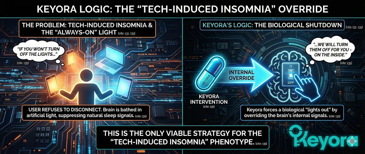 The Keyora Logic for "Tech-Induced Insomnia" is: "If you won’t turn off the lights, we will turn them off for you - on the inside." This viable strategy uses 5-HTP (Substrate Saturation) to create "Chemical Darkness," forcing Melatonin production despite blue light exposure, thus chemically overriding the SCN signal and decoupling the external environment from the internal hormonal reality. The Keyora Logic for "Tech-Induced Insomnia" is: "If you won’t turn off the lights, we will turn them off for you - on the inside." This viable strategy uses 5-HTP (Substrate Saturation) to create "Chemical Darkness," forcing Melatonin production despite blue light exposure, thus chemically overriding the SCN signal and decoupling the external environment from the internal hormonal reality.