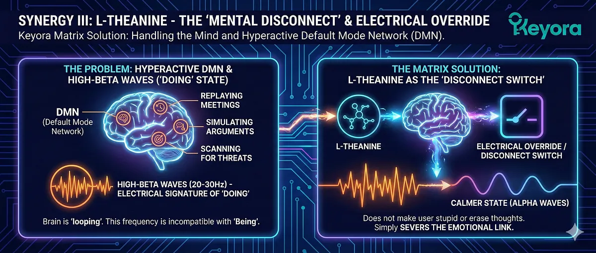 The mechanism of L-Theanine's "Mental Disconnect" is the promotion of Alpha Brain Waves (8-12Hz), the electrical signature of "Flow" and relaxed focus. It achieves this Electrical Override by mimicking the shape of Glutamate, binding to its excitatory receptors, and reducing their activity. This quiets the electrical signaling, allowing the mind to transition from the stress state of Beta Waves to the preparatory state of Alpha Waves, creating mental space for sleep. The mechanism of L-Theanine's "Mental Disconnect" is the promotion of Alpha Brain Waves (8-12Hz), the electrical signature of "Flow" and relaxed focus. It achieves this Electrical Override by mimicking the shape of Glutamate, binding to its excitatory receptors, and reducing their activity. This quiets the electrical signaling, allowing the mind to transition from the stress state of Beta Waves to the preparatory state of Alpha Waves, creating mental space for sleep.