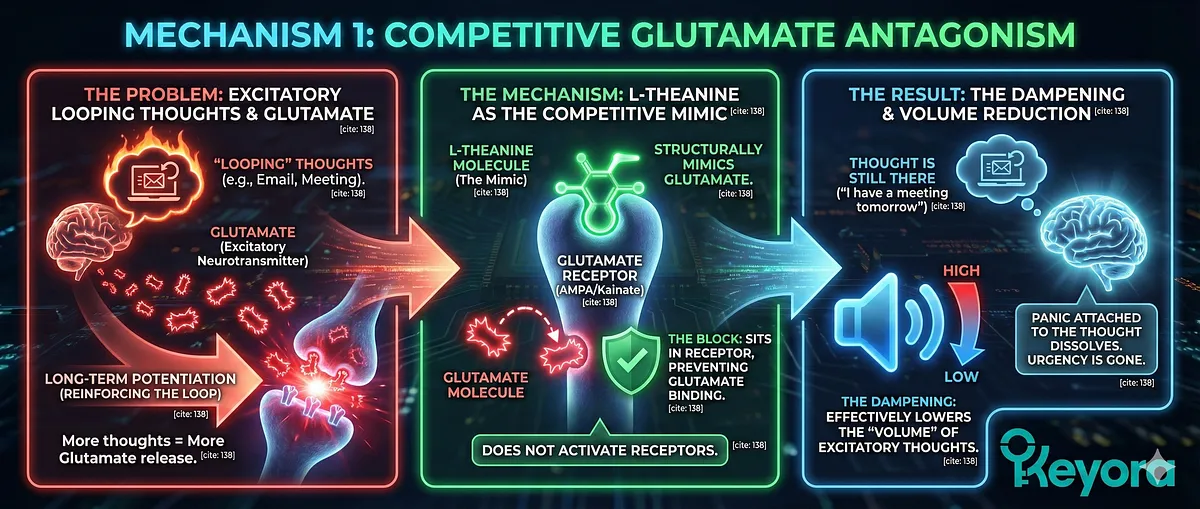 L-Theanine achieves mental dampening through Competitive Glutamate Antagonism . Looping thoughts are driven by excitatory Glutamate pathways, but L-Theanine binds to these receptors without activating them. This blocks actual Glutamate from binding, effectively lowering the "volume" of excitatory thoughts, causing the urgency and panic attached to the thought to dissolve. L-Theanine achieves mental dampening through Competitive Glutamate Antagonism . Looping thoughts are driven by excitatory Glutamate pathways, but L-Theanine binds to these receptors without activating them. This blocks actual Glutamate from binding, effectively lowering the "volume" of excitatory thoughts, causing the urgency and panic attached to the thought to dissolve.