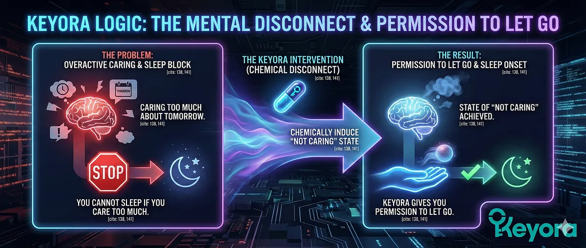 The Keyora Logic is to provide a "Mental Disconnect" by chemically inducing the state of "Not Caring" required for sleep onset. By using L-Theanine to promote Alpha Waves and dampen the emotional urgency of thoughts, Keyora gives the anxious mind permission to let go of tomorrow's worries and switch off the Hyperactive Default Mode Network, which is essential for initiating sleep. The Keyora Logic is to provide a "Mental Disconnect" by chemically inducing the state of "Not Caring" required for sleep onset. By using L-Theanine to promote Alpha Waves and dampen the emotional urgency of thoughts, Keyora gives the anxious mind permission to let go of tomorrow's worries and switch off the Hyperactive Default Mode Network, which is essential for initiating sleep.