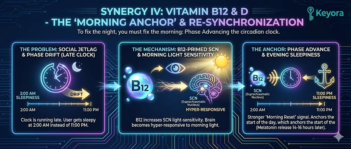 Synergy IV, the "Morning Anchor," addresses Social Jetlag by fixing the night through fixing the morning and Phase Advancing the circadian clock. Vitamin B12 (Methylcobalamin) functions by increasing the light-sensitivity of the Suprachiasmatic Nucleus (SCN) . High B12 levels prime the SCN to execute a stronger "Morning Reset" signal upon exposure to sunlight, setting the timer for Melatonin release 14–16 hours later, anchoring both the start of the day and the start of the night. Synergy IV, the "Morning Anchor," addresses Social Jetlag by fixing the night through fixing the morning and Phase Advancing the circadian clock. Vitamin B12 (Methylcobalamin) functions by increasing the light-sensitivity of the Suprachiasmatic Nucleus (SCN) . High B12 levels prime the SCN to execute a stronger "Morning Reset" signal upon exposure to sunlight, setting the timer for Melatonin release 14–16 hours later, anchoring both the start of the day and the start of the night.