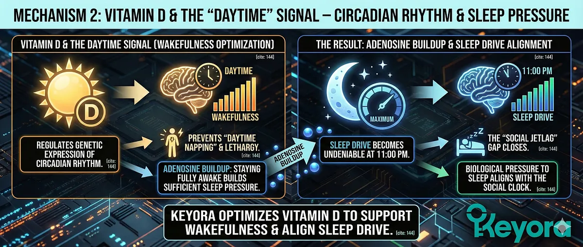 Vitamin D supports the "Daytime" signal by regulating the genetic expression of the circadian rhythm . Optimizing Vitamin D prevents daytime napping and lethargy, ensuring the user stays fully awake to build up sufficient Adenosine (Sleep Pressure) by nightfall. The result is an undeniable drive to sleep that aligns the biological pressure with the social clock, thereby closing the "Social Jetlag" gap. Vitamin D supports the "Daytime" signal by regulating the genetic expression of the circadian rhythm . Optimizing Vitamin D prevents daytime napping and lethargy, ensuring the user stays fully awake to build up sufficient Adenosine (Sleep Pressure) by nightfall. The result is an undeniable drive to sleep that aligns the biological pressure with the social clock, thereby closing the "Social Jetlag" gap.
