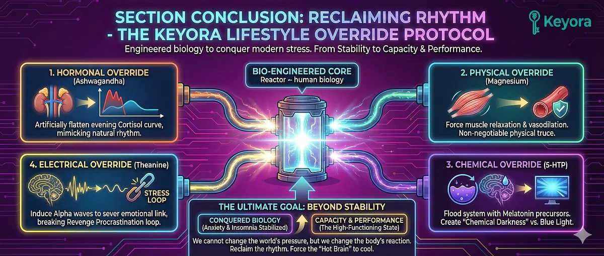 The Keyora Lifestyle Override Protocol is a 4-Stage intervention designed to reclaim natural sleep rhythm against modern stressors (emails, blue light). It executes a Hormonal Override (Ashwagandha) to flatten evening Cortisol; a Physical Override (Magnesium) to force muscle relaxation and vasodilation; a Chemical Override (5-HTP) to create "Chemical Darkness" against blue light; and an Electrical Override (L-Theanine) to induce Alpha waves and sever the emotional stress link. This protocol changes the body's reaction to the environment, transitioning the user toward stability and capacity for high performance. The Keyora Lifestyle Override Protocol is a 4-Stage intervention designed to reclaim natural sleep rhythm against modern stressors (emails, blue light). It executes a Hormonal Override (Ashwagandha) to flatten evening Cortisol; a Physical Override (Magnesium) to force muscle relaxation and vasodilation; a Chemical Override (5-HTP) to create "Chemical Darkness" against blue light; and an Electrical Override (L-Theanine) to induce Alpha waves and sever the emotional stress link. This protocol changes the body's reaction to the environment, transitioning the user toward stability and capacity for high performance.