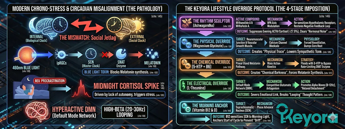 The Keyora 4-Stage Imposition successfully addresses all core pathologies of the Modern Chrono-Stress phenotype. Ashwagandha sculpts the HPA axis by re-sensitizing cortisol receptors to suppress the evening spike, clearing hormonal noise. Magnesium Glycinate forces physical relaxation by blocking calcium channels and inducing vasodilation for heat loss. 5-HTP creates "Chemical Darkness" by flooding the melatonin pathway to bypass blue light inhibition of the SNAT enzyme. L-Theanine promotes Alpha waves via glutamate antagonism to sever the emotional link to looping thoughts (High-Beta DMN). B12 and D anchor the morning light response for Phase Advance, correcting Social Jetlag drift. The Keyora 4-Stage Imposition successfully addresses all core pathologies of the Modern Chrono-Stress phenotype. Ashwagandha sculpts the HPA axis by re-sensitizing cortisol receptors to suppress the evening spike, clearing hormonal noise. Magnesium Glycinate forces physical relaxation by blocking calcium channels and inducing vasodilation for heat loss. 5-HTP creates "Chemical Darkness" by flooding the melatonin pathway to bypass blue light inhibition of the SNAT enzyme. L-Theanine promotes Alpha waves via glutamate antagonism to sever the emotional link to looping thoughts (High-Beta DMN). B12 and D anchor the morning light response for Phase Advance, correcting Social Jetlag drift.