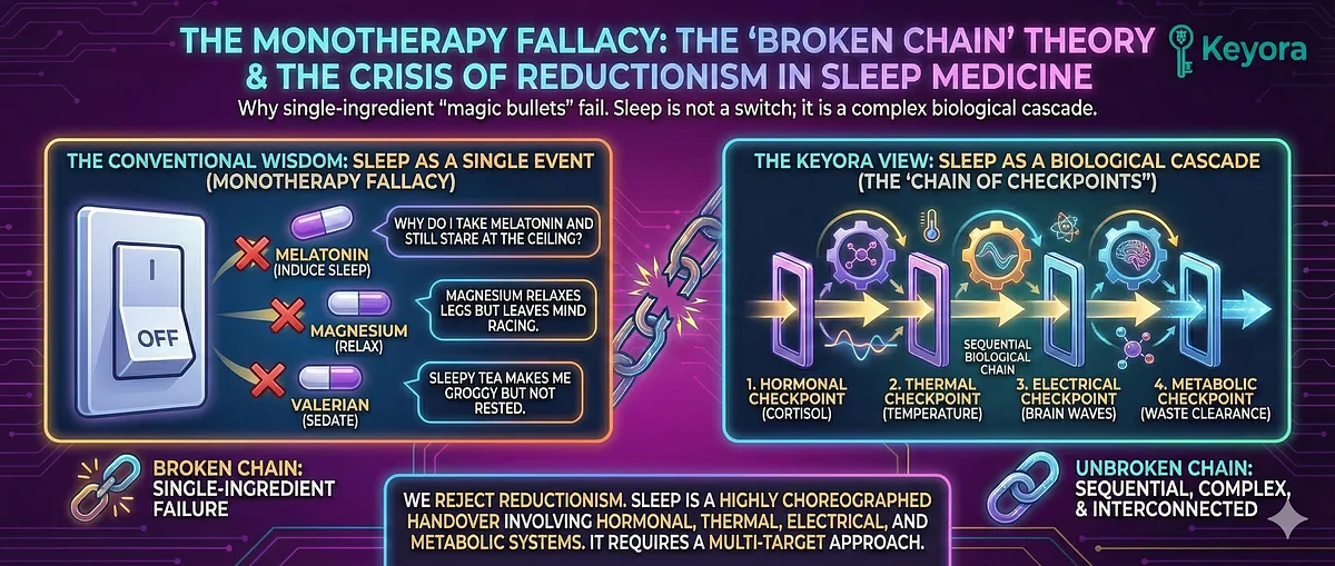 The Monotherapy Fallacy rejects the conventional, reductionist view that sleep is a Single Event or "light switch." Keyora defines sleep as a sequential, multi-stage Cascade involving hormonal, thermal, electrical, and metabolic systems . Conventional monotherapies (Melatonin, Magnesium, Valerian) fail because they treat only one symptom (e.g., anxiety or onset), but neglect the entire "Broken Chain" of checkpoints necessary for the high-functioning professional's sleep: Hyperaroused Onset, Fragmented Maintenance, Toxic Morning, and Chrono-Disruption. The Monotherapy Fallacy rejects the conventional, reductionist view that sleep is a Single Event or "light switch." Keyora defines sleep as a sequential, multi-stage Cascade involving hormonal, thermal, electrical, and metabolic systems . Conventional monotherapies (Melatonin, Magnesium, Valerian) fail because they treat only one symptom (e.g., anxiety or onset), but neglect the entire "Broken Chain" of checkpoints necessary for the high-functioning professional's sleep: Hyperaroused Onset, Fragmented Maintenance, Toxic Morning, and Chrono-Disruption.