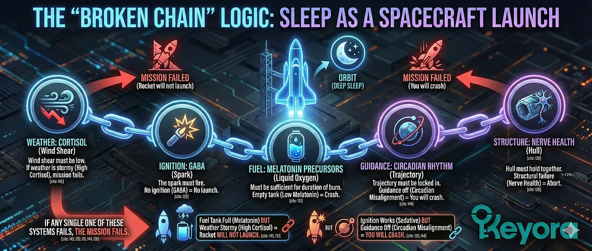 The "Broken Chain" Logic uses the analogy of a spacecraft launch to Deep Sleep: successful sleep requires a dozen simultaneous successes across hormonal, electrical, and metabolic systems . A single system failure, such as high Cortisol (stormy weather) despite taking Melatonin (full fuel), or Circadian Misalignment (off guidance) despite taking a sedative (working ignition), results in mission failure (inability to sleep or crashing). The "Broken Chain" Logic uses the analogy of a spacecraft launch to Deep Sleep: successful sleep requires a dozen simultaneous successes across hormonal, electrical, and metabolic systems . A single system failure, such as high Cortisol (stormy weather) despite taking Melatonin (full fuel), or Circadian Misalignment (off guidance) despite taking a sedative (working ignition), results in mission failure (inability to sleep or crashing).