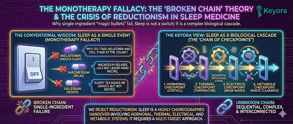 Cascade Step I, the "Gating" Failure, highlights that HPA Axis status is the critical, often ignored, first checkpoint in the Sleep Cascade. Sleep is a state of vulnerability, so the brain has a "Safety Gating Mechanism" that queries for Cortisol . If Cortisol is elevated (signaling a threat/stress), the mechanism sends the command: "ABORT SLEEP," preventing the essential transition into unconsciousness. Ashwagandha is required to clear this initial hurdle. Cascade Step I, the "Gating" Failure, highlights that HPA Axis status is the critical, often ignored, first checkpoint in the Sleep Cascade. Sleep is a state of vulnerability, so the brain has a "Safety Gating Mechanism" that queries for Cortisol . If Cortisol is elevated (signaling a threat/stress), the mechanism sends the command: "ABORT SLEEP," preventing the essential transition into unconsciousness. Ashwagandha is required to clear this initial hurdle.