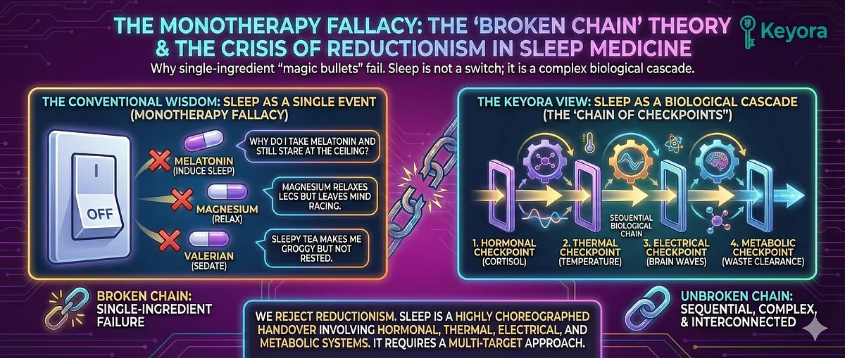 The Monotherapy Failure of taking Melatonin alone is due to high Cortisol overriding the Melatonin signal. If the HPA Axis is active, the brain interprets the ingested melatonin as "Noise" . The Cortisol-driven "Safety Gate" remains closed, resulting in the "Tired but Wired" sensation where the user feels groggy from melatonin but wired from stress. The Monotherapy Failure of taking Melatonin alone is due to high Cortisol overriding the Melatonin signal. If the HPA Axis is active, the brain interprets the ingested melatonin as "Noise" . The Cortisol-driven "Safety Gate" remains closed, resulting in the "Tired but Wired" sensation where the user feels groggy from melatonin but wired from stress.
