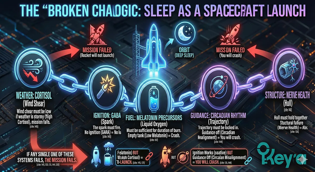Ashwagandha is the non-negotiable "First Mover" in the Keyora Cascade, acting as the foundation by modulating the HPA feedback loop and lowering evening Cortisol (27.9%-32%). By physically removing Cortisol, it lifts the inhibition on the AANAT enzyme, signaling to the Pineal Gland that "The threat is gone" . This opens the sleep "Gate," a necessary precondition for the other components (Magnesium, Theanine, 5-HTP) to be effective, clearing the runway for sleep. Ashwagandha is the non-negotiable "First Mover" in the Keyora Cascade, acting as the foundation by modulating the HPA feedback loop and lowering evening Cortisol (27.9%-32%). By physically removing Cortisol, it lifts the inhibition on the AANAT enzyme, signaling to the Pineal Gland that "The threat is gone" . This opens the sleep "Gate," a necessary precondition for the other components (Magnesium, Theanine, 5-HTP) to be effective, clearing the runway for sleep.