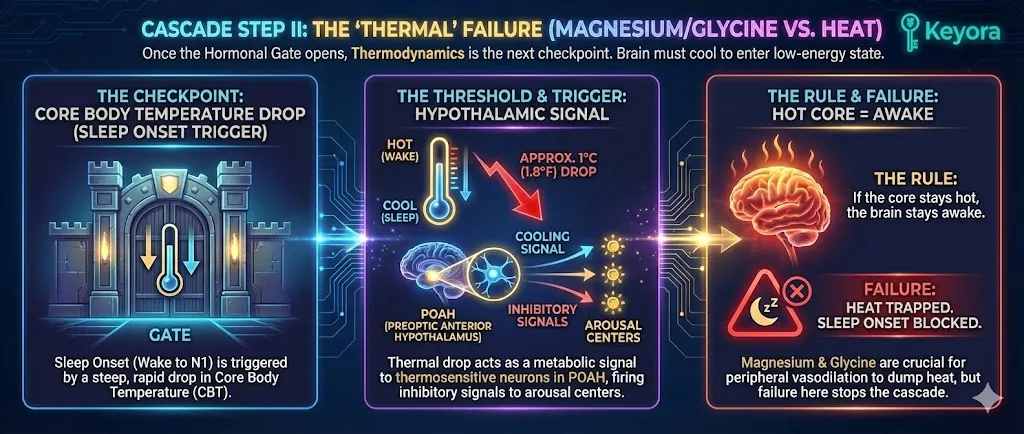 Cascade Step II addresses the "Thermal" Failure, the next checkpoint after hormonal gating. Sleep Onset requires the Core Body Temperature (CBT) to drop by approximately 1°C (1.8°F). This thermal drop triggers thermosensitive neurons in the Preoptic Anterior Hypothalamus (POAH) to send inhibitory signals to arousal centers. Failure to achieve this core cooling keeps the brain awake. Cascade Step II addresses the "Thermal" Failure, the next checkpoint after hormonal gating. Sleep Onset requires the Core Body Temperature (CBT) to drop by approximately 1°C (1.8°F). This thermal drop triggers thermosensitive neurons in the Preoptic Anterior Hypothalamus (POAH) to send inhibitory signals to arousal centers. Failure to achieve this core cooling keeps the brain awake.