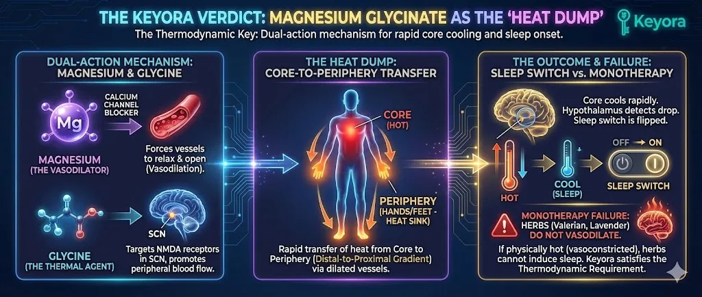 Magnesium Glycinate is the "Heat Dump" and Thermodynamic Key, acting as the second domino in the cascade . Its dual action uses Magnesium as a Calcium Channel Blocker to force Vasodilation and Glycine to promote peripheral blood flow. This facilitates a rapid "Heat Dump" from the core to the periphery (Distal-to-Proximal Gradient), satisfying the Physical Thermodynamic Requirement by ensuring the Core Body Temperature drops and the sleep switch is flipped. Magnesium Glycinate is the "Heat Dump" and Thermodynamic Key, acting as the second domino in the cascade . Its dual action uses Magnesium as a Calcium Channel Blocker to force Vasodilation and Glycine to promote peripheral blood flow. This facilitates a rapid "Heat Dump" from the core to the periphery (Distal-to-Proximal Gradient), satisfying the Physical Thermodynamic Requirement by ensuring the Core Body Temperature drops and the sleep switch is flipped.