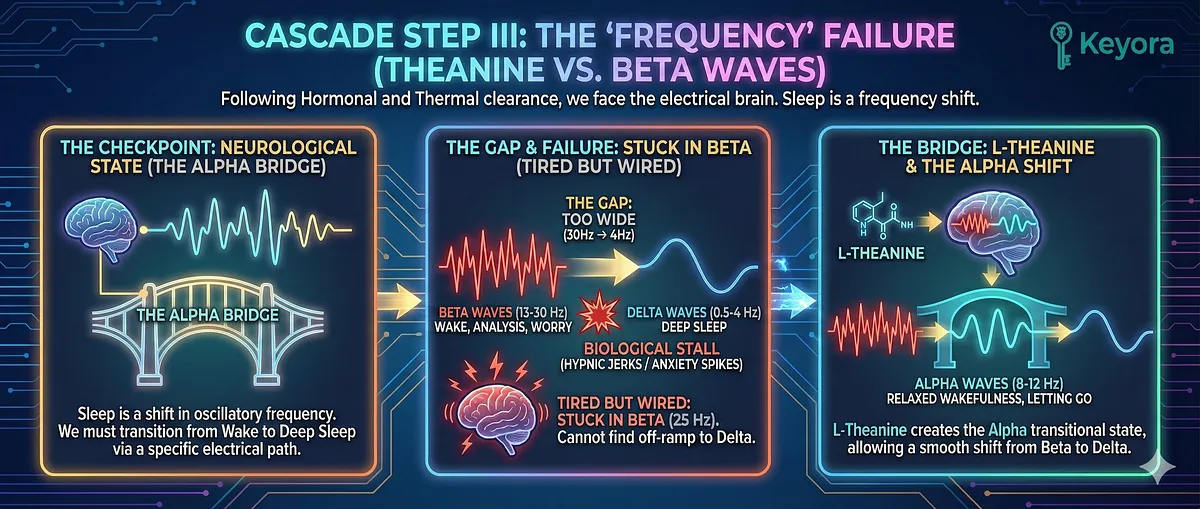 Cascade Step III addresses "Frequency" Failure: the brain cannot jump from the anxious Beta Waves (13-30 Hz) of the "Tired but Wired" state directly to Delta Waves (0.5-4 Hz). This wide gap causes a biological stall. The brain requires a transitional state, the "Alpha Bridge" (8-12 Hz) of "Relaxed Wakefulness." L-Theanine is crucial for promoting this Alpha state, providing the necessary off-ramp from the high-frequency Beta state to allow the sleep cascade to proceed. Cascade Step III addresses "Frequency" Failure: the brain cannot jump from the anxious Beta Waves (13-30 Hz) of the "Tired but Wired" state directly to Delta Waves (0.5-4 Hz). This wide gap causes a biological stall. The brain requires a transitional state, the "Alpha Bridge" (8-12 Hz) of "Relaxed Wakefulness." L-Theanine is crucial for promoting this Alpha state, providing the necessary off-ramp from the high-frequency Beta state to allow the sleep cascade to proceed.