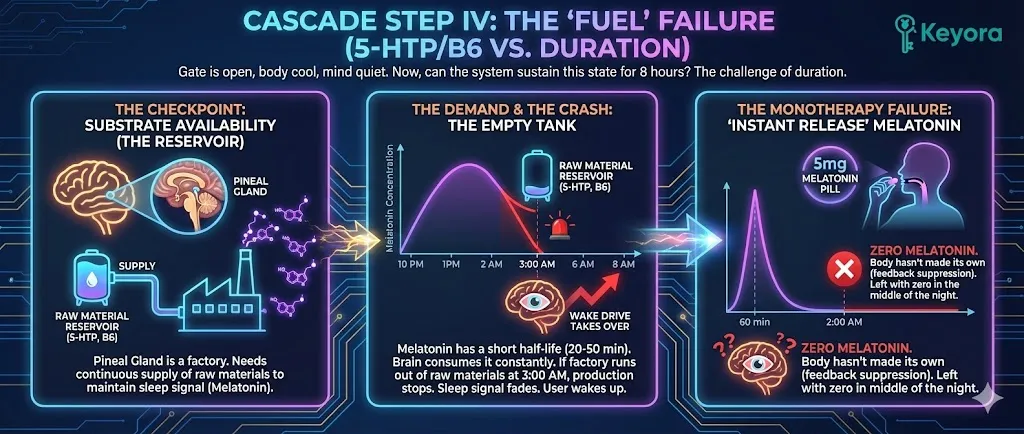 Cascade Step IV addresses "Fuel" Failure (Duration): sustaining sleep requires continuous Melatonin production by the Pineal Gland, which acts as a factory . Melatonin has a short half-life (20-50 minutes). If the factory runs out of raw materials (Substrate Availability), the sleep signal fades, leading to a 3:00 AM awakening. The Monotherapy Failure of "Instant Release" Melatonin is that it spikes and crashes, suppressing natural production and leaving the user with zero melatonin mid-night. Cascade Step IV addresses "Fuel" Failure (Duration): sustaining sleep requires continuous Melatonin production by the Pineal Gland, which acts as a factory . Melatonin has a short half-life (20-50 minutes). If the factory runs out of raw materials (Substrate Availability), the sleep signal fades, leading to a 3:00 AM awakening. The Monotherapy Failure of "Instant Release" Melatonin is that it spikes and crashes, suppressing natural production and leaving the user with zero melatonin mid-night.