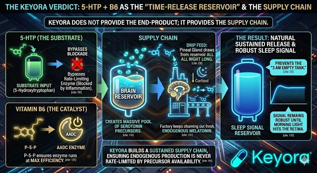 The Keyora Verdict uses 5-HTP plus Vitamin B6 (P-5-P) to create a "Time-Release Reservoir" for sustained sleep . 5-HTP bypasses the rate-limiting Tryptophan Hydroxylase, and B6 acts as a catalyst for the conversion enzyme (AADC). This massive pool of Serotonin precursors allows the Pineal Gland to continuously produce fresh, endogenous Melatonin all night long, preventing the "3 AM Empty Tank" wake-up. The Keyora Verdict uses 5-HTP plus Vitamin B6 (P-5-P) to create a "Time-Release Reservoir" for sustained sleep . 5-HTP bypasses the rate-limiting Tryptophan Hydroxylase, and B6 acts as a catalyst for the conversion enzyme (AADC). This massive pool of Serotonin precursors allows the Pineal Gland to continuously produce fresh, endogenous Melatonin all night long, preventing the "3 AM Empty Tank" wake-up.