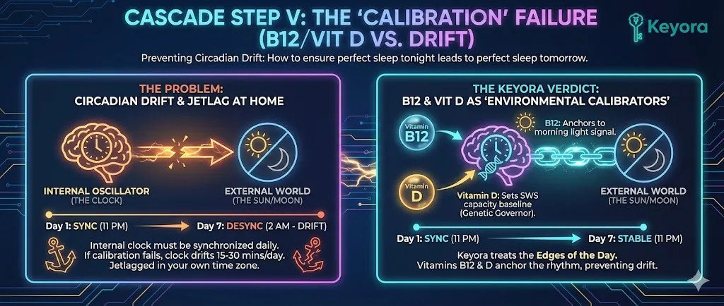 Cascade Step V addresses the "Calibration" Failure: preventing Circadian Drift caused by the internal clock (oscillator) failing to synchronize (entrain) with the external world (the Sun) daily, leading to chronic jetlag. Keyora uses Vitamin B12 and Vitamin D as "Environmental Calibrators" to treat the Edges of the Day (morning light response) and anchor the rhythm, a crucial step ignored by supplements that only treat the night. Cascade Step V addresses the "Calibration" Failure: preventing Circadian Drift caused by the internal clock (oscillator) failing to synchronize (entrain) with the external world (the Sun) daily, leading to chronic jetlag. Keyora uses Vitamin B12 and Vitamin D as "Environmental Calibrators" to treat the Edges of the Day (morning light response) and anchor the rhythm, a crucial step ignored by supplements that only treat the night.