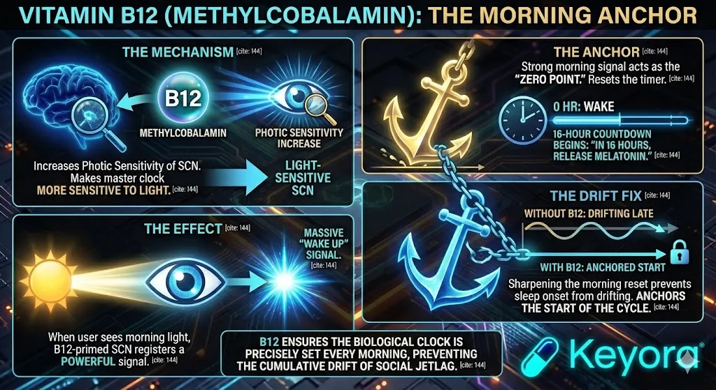 Vitamin B12 (Methylcobalamin) serves as the "Morning Anchor" by significantly increasing the Photic Sensitivity of the Suprachiasmatic Nucleus (SCN) . A B12-primed SCN registers a massive "WAKE UP" signal upon light exposure, establishing the "Zero Point" that resets the internal timer. This strong morning signal prevents the onset of sleep from drifting later, fixing Circadian Drift by anchoring the start of the sleep cycle. Vitamin B12 (Methylcobalamin) serves as the "Morning Anchor" by significantly increasing the Photic Sensitivity of the Suprachiasmatic Nucleus (SCN) . A B12-primed SCN registers a massive "WAKE UP" signal upon light exposure, establishing the "Zero Point" that resets the internal timer. This strong morning signal prevents the onset of sleep from drifting later, fixing Circadian Drift by anchoring the start of the sleep cycle.