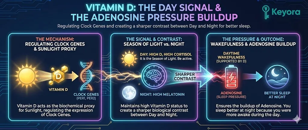Vitamin D serves as the "Day Signal" by regulating the expression of "Clock Genes" (PER1, PER2), acting as the biochemical proxy for Sunlight . High Vitamin D status signals "It is the Season of Light," creating a sharper Day/Night contrast (High D/High Melatonin) and supporting robust daytime wakefulness. This heightened daytime activity ensures the necessary buildup of Adenosine, which increases crucial Sleep Pressure for quality nighttime rest. Vitamin D serves as the "Day Signal" by regulating the expression of "Clock Genes" (PER1, PER2), acting as the biochemical proxy for Sunlight . High Vitamin D status signals "It is the Season of Light," creating a sharper Day/Night contrast (High D/High Melatonin) and supporting robust daytime wakefulness. This heightened daytime activity ensures the necessary buildup of Adenosine, which increases crucial Sleep Pressure for quality nighttime rest.