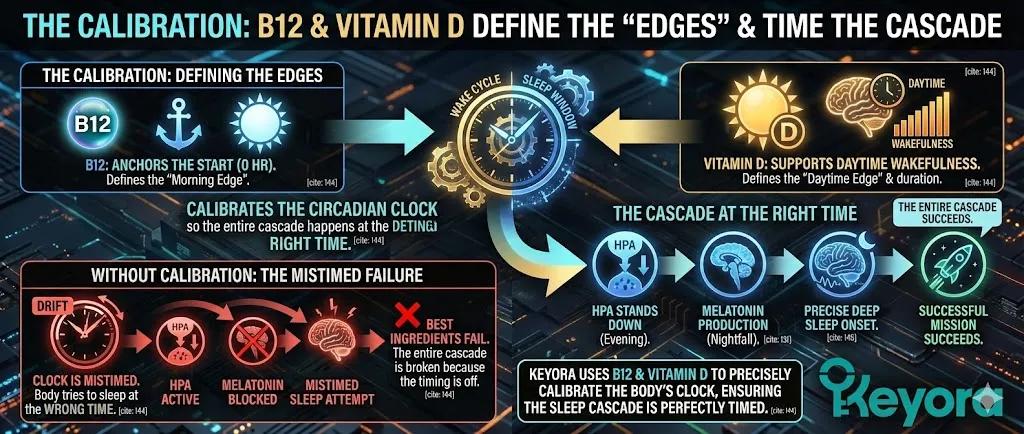 The combination of B12 and Vitamin D completes the "Calibration" by defining the "Edges" of the sleep-wake cycle . They ensure the internal clock is accurately synchronized (entrained) to the external world, preventing the entire Keyora Cascade from failing due to the body attempting to sleep at the wrong time (Circadian Misalignment). The combination of B12 and Vitamin D completes the "Calibration" by defining the "Edges" of the sleep-wake cycle . They ensure the internal clock is accurately synchronized (entrained) to the external world, preventing the entire Keyora Cascade from failing due to the body attempting to sleep at the wrong time (Circadian Misalignment).