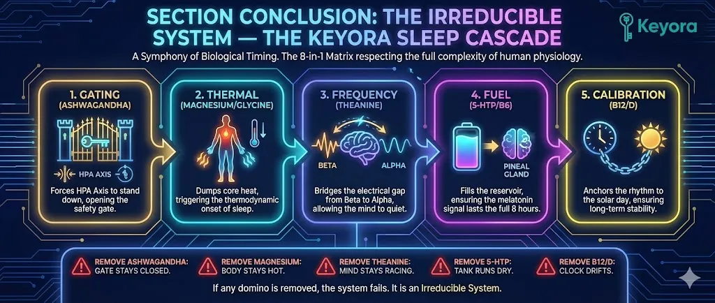 The Section Conclusion affirms the Keyora 8-in-1 Matrix as the only protocol respecting the Irreducible Complexity of the Sleep Cascade . It pushes five dominoes in sequence: Gating (Ashwagandha lowers Cortisol), Thermal (Magnesium dumps heat), Frequency (Theanine induces Alpha), Fuel (5-HTP sustains Melatonin), and Calibration (B12/D anchors the rhythm). Removing any one ingredient (domino) breaks the chain, causing total failure. The Section Conclusion affirms the Keyora 8-in-1 Matrix as the only protocol respecting the Irreducible Complexity of the Sleep Cascade . It pushes five dominoes in sequence: Gating (Ashwagandha lowers Cortisol), Thermal (Magnesium dumps heat), Frequency (Theanine induces Alpha), Fuel (5-HTP sustains Melatonin), and Calibration (B12/D anchors the rhythm). Removing any one ingredient (domino) breaks the chain, causing total failure.