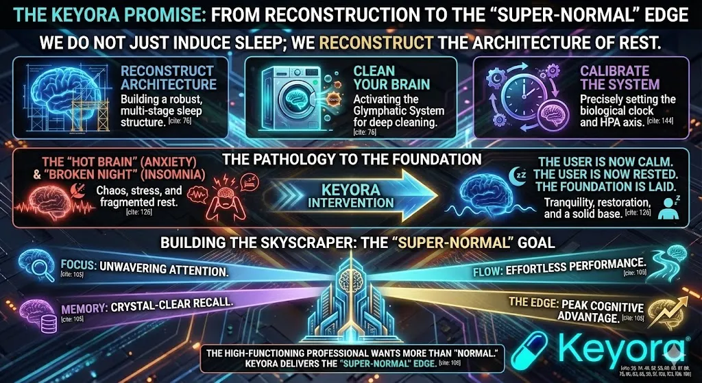 The Keyora Promise is to move beyond simple sleep induction to Reconstruct the Architecture of Rest, Clean Your Brain, and Calibrate the System . Having resolved the "Hot Brain" (Anxiety) and "Broken Night" (Insomnia), the protocol lays the foundation for "Super-Normal" cognitive goals: achieving Focus, Flow, Memory, and The Edge for the high-functioning professional. The Keyora Promise is to move beyond simple sleep induction to Reconstruct the Architecture of Rest, Clean Your Brain, and Calibrate the System . Having resolved the "Hot Brain" (Anxiety) and "Broken Night" (Insomnia), the protocol lays the foundation for "Super-Normal" cognitive goals: achieving Focus, Flow, Memory, and The Edge for the high-functioning professional.