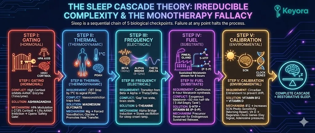 The Keyora Sleep Cascade is an Irreducible System countering the Monotherapy Fallacy through 5 sequential biological checkpoints: Gating (Ashwagandha/Cortisol), Thermal (Magnesium/Heat), Frequency (Theanine/Beta Waves), Fuel (5-HTP/Duration), and Calibration (B12/D/Circadian Drift). Each step, from HPA Axis Modulation to Alpha Bridge Induction and SCN Anchoring, must succeed for total architectural rest, preventing a failure cascade. The Keyora Sleep Cascade is an Irreducible System countering the Monotherapy Fallacy through 5 sequential biological checkpoints: Gating (Ashwagandha/Cortisol), Thermal (Magnesium/Heat), Frequency (Theanine/Beta Waves), Fuel (5-HTP/Duration), and Calibration (B12/D/Circadian Drift). Each step, from HPA Axis Modulation to Alpha Bridge Induction and SCN Anchoring, must succeed for total architectural rest, preventing a failure cascade.