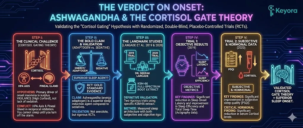 The Clinical Verdict supports the "Cortisol Gating Theory" of the Keyora Protocol: Sleep Onset Insomnia is due to a surplus of vigilance (high Cortisol), not a lack of sedation. This theory posits a reciprocal inhibition between the HPA Axis (Stress) and Pineal Gland (Sleep) . The claim that the adaptogen Ashwagandha is a superior sleep induction agent is validated by multiple Randomized, Double-Blind, Placebo-Controlled Trials (RCTs), moving beyond anecdotal evidence. The Clinical Verdict supports the "Cortisol Gating Theory" of the Keyora Protocol: Sleep Onset Insomnia is due to a surplus of vigilance (high Cortisol), not a lack of sedation. This theory posits a reciprocal inhibition between the HPA Axis (Stress) and Pineal Gland (Sleep) . The claim that the adaptogen Ashwagandha is a superior sleep induction agent is validated by multiple Randomized, Double-Blind, Placebo-Controlled Trials (RCTs), moving beyond anecdotal evidence.