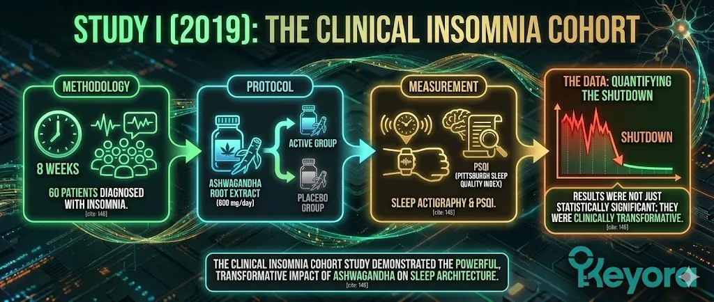 Study I (2019) was an 8-week Randomized, Double-Blind, Placebo-Controlled Trial (RCT) involving 60 clinical insomnia patients who received 600 mg/day of Ashwagandha or placebo . Measurements used were Sleep Actigraphy and the Pittsburgh Sleep Quality Index (PSQI). The data showed not only statistically significant but clinically transformative results, validating the "Gating" hypothesis. Study I (2019) was an 8-week Randomized, Double-Blind, Placebo-Controlled Trial (RCT) involving 60 clinical insomnia patients who received 600 mg/day of Ashwagandha or placebo . Measurements used were Sleep Actigraphy and the Pittsburgh Sleep Quality Index (PSQI). The data showed not only statistically significant but clinically transformative results, validating the "Gating" hypothesis.
