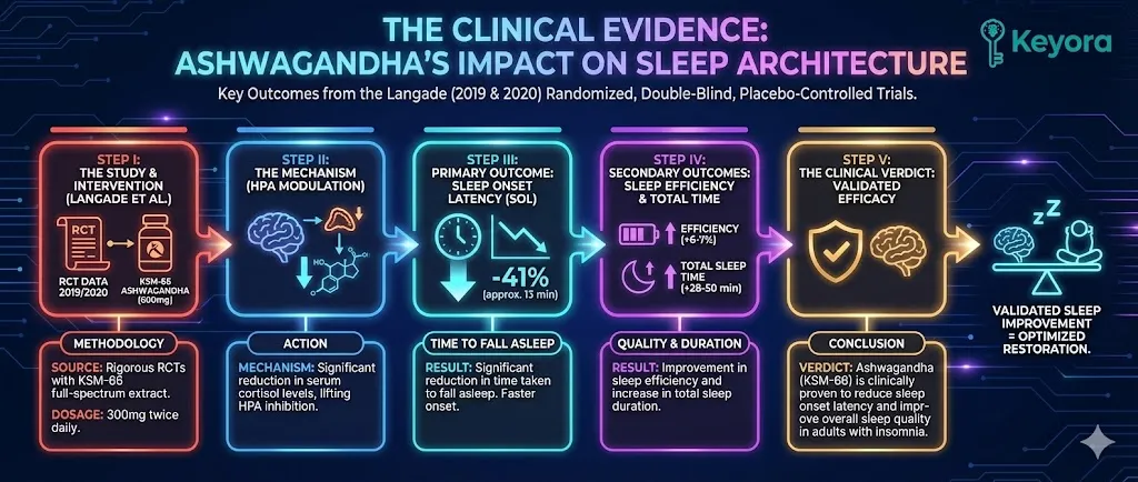 In Study I, Ashwagandha demonstrated clinically transformative results in sleep metrics . Sleep Onset Latency (SOL) dropped by 63% in the Ashwagandha group (from 43.6 to 16.5 minutes), achieving the "Healthy Sleep" threshold (<20 minutes). Sleep Efficiency (SE) rose from 75% (Clinical Insomnia) to 88% (Optimal Health), proving the compound maintains sleep by preventing fragmentation.In Study I, Ashwagandha subjects gained an average of 56 minutes in Total Sleep Time (TST) per night. The critical finding was the biochemical confirmation: a massive, statistically significant reduction in Serum Cortisol ($p < 0.0001$) . Regression analysis confirmed a direct linear correlation between falling Cortisol and falling Sleep Onset Latency, providing the "Smoking Gun" proof that Ashwagandha works by suppressing the HPA Axis (removing the "Danger Signal"), thus confirming the Keyora Gating Theory. In Study I, Ashwagandha demonstrated clinically transformative results in sleep metrics . Sleep Onset Latency (SOL) dropped by 63% in the Ashwagandha group (from 43.6 to 16.5 minutes), achieving the "Healthy Sleep" threshold (<20 minutes). Sleep Efficiency (SE) rose from 75% (Clinical Insomnia) to 88% (Optimal Health), proving the compound maintains sleep by preventing fragmentation.In Study I, Ashwagandha subjects gained an average of 56 minutes in Total Sleep Time (TST) per night. The critical finding was the biochemical confirmation: a massive, statistically significant reduction in Serum Cortisol ($p < 0.0001$) . Regression analysis confirmed a direct linear correlation between falling Cortisol and falling Sleep Onset Latency, providing the "Smoking Gun" proof that Ashwagandha works by suppressing the HPA Axis (removing the "Danger Signal"), thus confirming the Keyora Gating Theory.