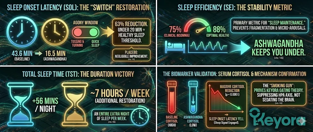 In Study I, Ashwagandha subjects gained an average of 56 minutes in Total Sleep Time (TST) per night. The critical finding was the biochemical confirmation: a massive, statistically significant reduction in Serum Cortisol ($p < 0.0001$) . Regression analysis confirmed a direct linear correlation between falling Cortisol and falling Sleep Onset Latency, providing the "Smoking Gun" proof that Ashwagandha works by suppressing the HPA Axis (removing the "Danger Signal"), thus confirming the Keyora Gating Theory. In Study I, Ashwagandha subjects gained an average of 56 minutes in Total Sleep Time (TST) per night. The critical finding was the biochemical confirmation: a massive, statistically significant reduction in Serum Cortisol ($p < 0.0001$) . Regression analysis confirmed a direct linear correlation between falling Cortisol and falling Sleep Onset Latency, providing the "Smoking Gun" proof that Ashwagandha works by suppressing the HPA Axis (removing the "Danger Signal"), thus confirming the Keyora Gating Theory.