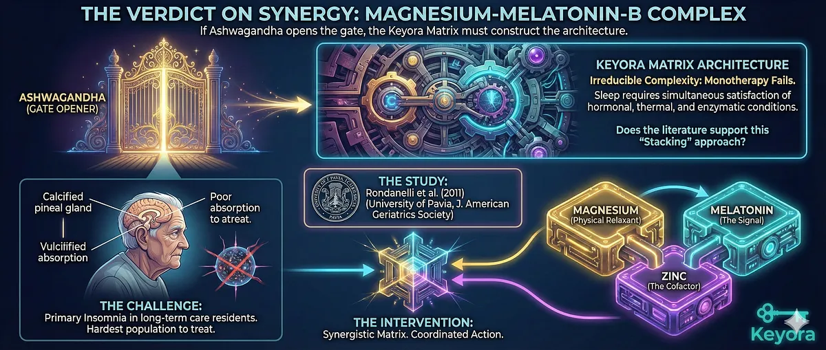 The Clinical Verdict on Synergy examines the "Irreducible Complexity" principle, asserting that sleep requires simultaneous satisfaction of multiple conditions . The key study is Rondanelli et al. (2011), which targeted primary insomnia in older adults—the hardest population to treat. The intervention used a Synergistic Matrix of Magnesium (Physical Relaxant), Melatonin (The Signal), and Zinc (Cofactor) to validate the Keyora "Stacking" approach over monotherapy. The Clinical Verdict on Synergy examines the "Irreducible Complexity" principle, asserting that sleep requires simultaneous satisfaction of multiple conditions . The key study is Rondanelli et al. (2011), which targeted primary insomnia in older adults—the hardest population to treat. The intervention used a Synergistic Matrix of Magnesium (Physical Relaxant), Melatonin (The Signal), and Zinc (Cofactor) to validate the Keyora "Stacking" approach over monotherapy.