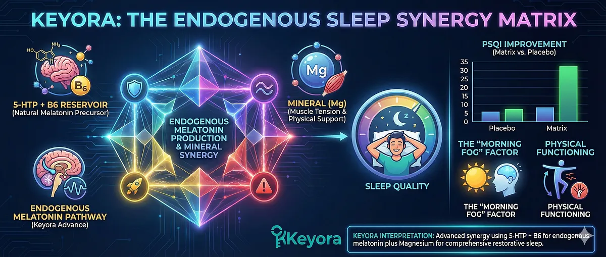 The Rondanelli study supports Keyora's Synergistic Matrix principle: combining a Mineral (Magnesium) with the Hormone pathway (Melatonin/5-HTP+B6) . The Matrix group showed dramatically greater improvement in total PSQI scores than monotherapy. Crucially, subjects reported better "Ease of Waking" and morning alertness (resolving "Non-Restorative Sleep"), and improved physical functioning due to Magnesium's effect on muscle tension. The Rondanelli study supports Keyora's Synergistic Matrix principle: combining a Mineral (Magnesium) with the Hormone pathway (Melatonin/5-HTP+B6) . The Matrix group showed dramatically greater improvement in total PSQI scores than monotherapy. Crucially, subjects reported better "Ease of Waking" and morning alertness (resolving "Non-Restorative Sleep"), and improved physical functioning due to Magnesium's effect on muscle tension.