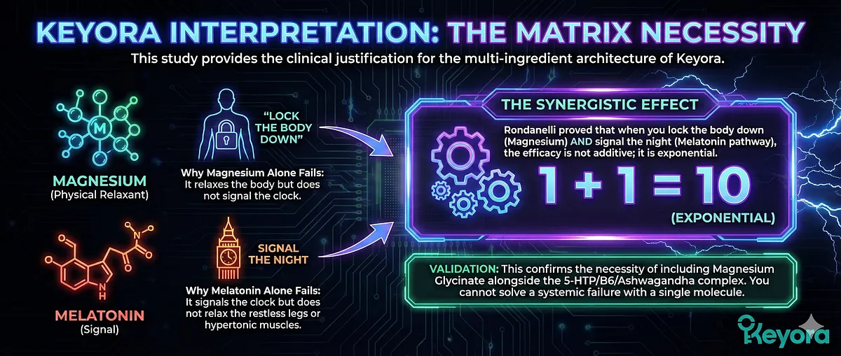 The Rondanelli study provides clinical justification for the Keyora Matrix Necessity, demonstrating that Monotherapy fails: Magnesium alone relaxes the body but doesn't signal the clock, and Melatonin alone signals the clock but doesn't relax the body. The Synergistic Effect of combining both is exponential, not just additive . This validates the multi-ingredient architecture (Magnesium Glycinate alongside 5-HTP/B6/Ashwagandha) needed to solve a systemic biological failure. The Rondanelli study provides clinical justification for the Keyora Matrix Necessity, demonstrating that Monotherapy fails: Magnesium alone relaxes the body but doesn't signal the clock, and Melatonin alone signals the clock but doesn't relax the body. The Synergistic Effect of combining both is exponential, not just additive . This validates the multi-ingredient architecture (Magnesium Glycinate alongside 5-HTP/B6/Ashwagandha) needed to solve a systemic biological failure.