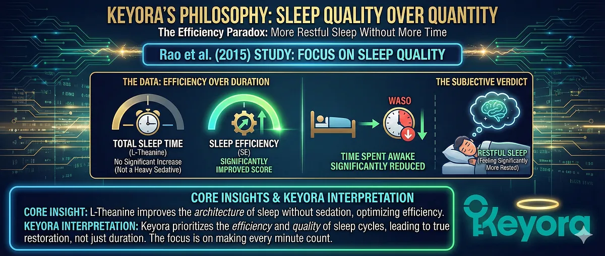 The Rao et al. (2015) and Lyon et al. (2011) studies confirmed L-Theanine's role in boosting sleep Quality over Quantity . L-Theanine did not increase Total Sleep Time but significantly improved Sleep Efficiency and reduced Wake After Sleep Onset (WASO). This resulted in subjects reporting significantly more "Restful Sleep," validating its function as a non-sedating quality enhancer, aligning with Keyora's architectural goals. The Rao et al. (2015) and Lyon et al. (2011) studies confirmed L-Theanine's role in boosting sleep Quality over Quantity . L-Theanine did not increase Total Sleep Time but significantly improved Sleep Efficiency and reduced Wake After Sleep Onset (WASO). This resulted in subjects reporting significantly more "Restful Sleep," validating its function as a non-sedating quality enhancer, aligning with Keyora's architectural goals.