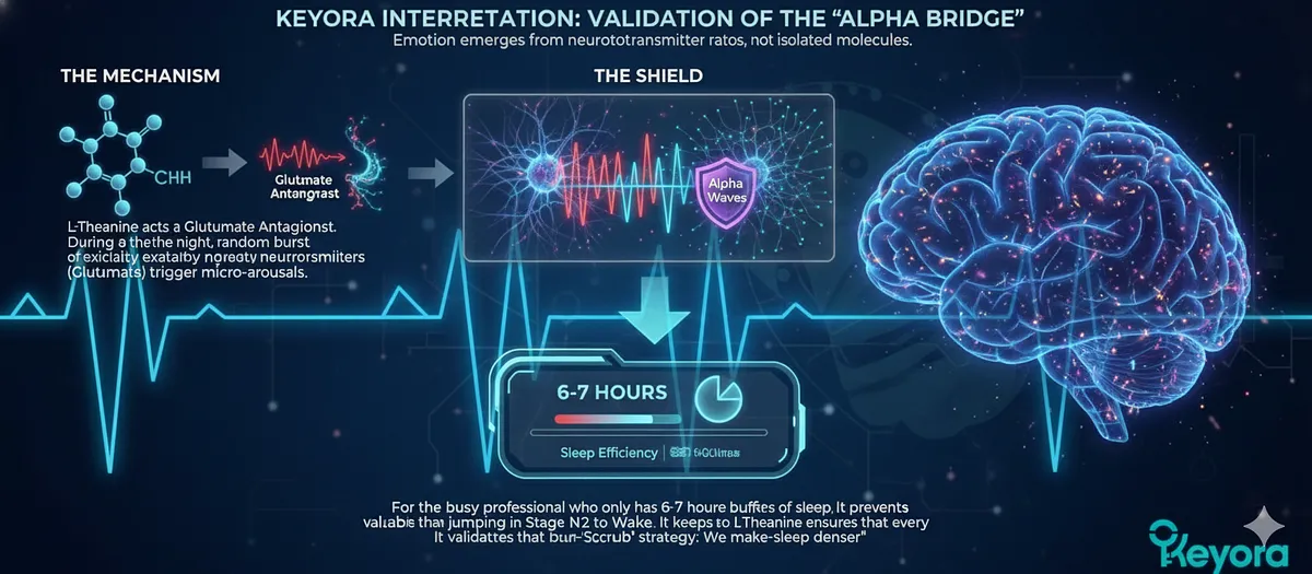 The clinical data validates L-Theanine's "Alpha Bridge" function and role as a "Shield" against micro-arousals . By acting as a Glutamate Antagonist, L-Theanine prevents excitatory bursts from transitioning the brain from Stage N2 to Wake. This drastically improves Sleep Efficiency (making the sleep denser) and is invaluable for professionals with limited sleep time, confirming the "Neuro-Scrub" strategy. The clinical data validates L-Theanine's "Alpha Bridge" function and role as a "Shield" against micro-arousals . By acting as a Glutamate Antagonist, L-Theanine prevents excitatory bursts from transitioning the brain from Stage N2 to Wake. This drastically improves Sleep Efficiency (making the sleep denser) and is invaluable for professionals with limited sleep time, confirming the "Neuro-Scrub" strategy.