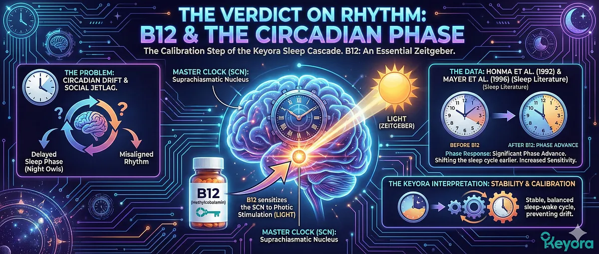 Clinical studies (Honma 1992, Mayer 1996) validate Vitamin B12 (Methylcobalamin) as a chronobiological "Zeitgeber" and "Environmental Calibrator" . Data confirms B12 induces a significant Phase Advance of the sleep-wake rhythm, shifting "Night Owls" to an earlier cycle. The identified mechanism is increased Photic Sensitivity of the Suprachiasmatic Nucleus (SCN) to light, stabilizing the sleep onset window and preventing Circadian Drift. Clinical studies (Honma 1992, Mayer 1996) validate Vitamin B12 (Methylcobalamin) as a chronobiological "Zeitgeber" and "Environmental Calibrator" . Data confirms B12 induces a significant Phase Advance of the sleep-wake rhythm, shifting "Night Owls" to an earlier cycle. The identified mechanism is increased Photic Sensitivity of the Suprachiasmatic Nucleus (SCN) to light, stabilizing the sleep onset window and preventing Circadian Drift.