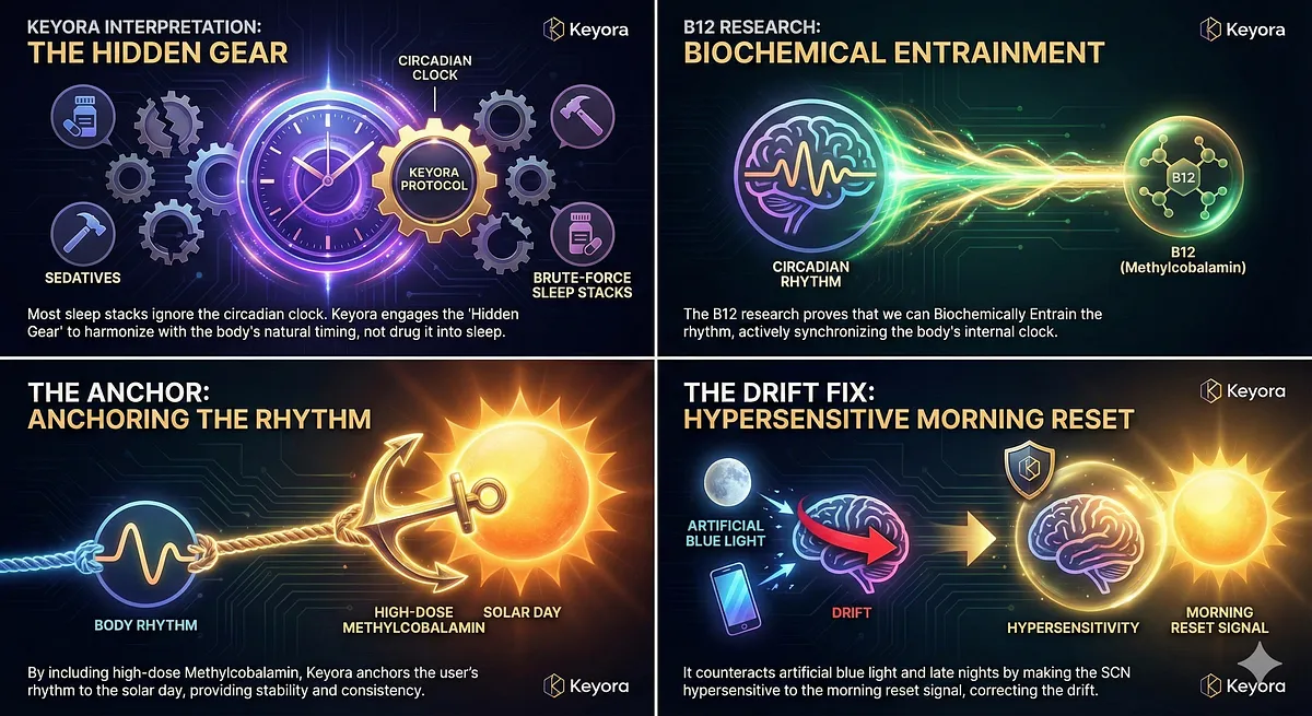 The B12 research validates the "Hidden Gear" of the Keyora Protocol: using Methylcobalamin to biochemically entrain the circadian rhythm . B12, acting as the "Anchor," makes the Suprachiasmatic Nucleus (SCN) hypersensitive to the morning reset signal, counteracting the destabilizing effects of artificial blue light and late nights, which prevents Circadian Drift entirely. The B12 research validates the "Hidden Gear" of the Keyora Protocol: using Methylcobalamin to biochemically entrain the circadian rhythm . B12, acting as the "Anchor," makes the Suprachiasmatic Nucleus (SCN) hypersensitive to the morning reset signal, counteracting the destabilizing effects of artificial blue light and late nights, which prevents Circadian Drift entirely.