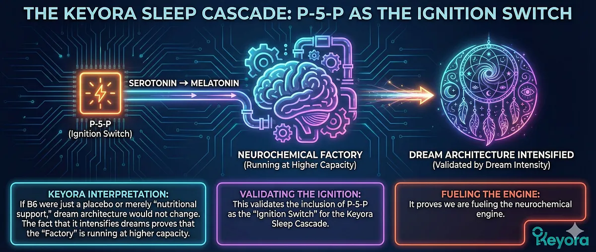The increase in dream intensity observed in the B6 study confirms that the "Neurochemical Factory" (Serotonin/GABA synthesis) is running at a higher capacity . This functional evidence validates the inclusion of P-5-P (active Vitamin B6) as the "Ignition Switch" for the Keyora Sleep Cascade, proving that the formulation successfully fuels the neurochemical engine of the brain. The increase in dream intensity observed in the B6 study confirms that the "Neurochemical Factory" (Serotonin/GABA synthesis) is running at a higher capacity . This functional evidence validates the inclusion of P-5-P (active Vitamin B6) as the "Ignition Switch" for the Keyora Sleep Cascade, proving that the formulation successfully fuels the neurochemical engine of the brain.