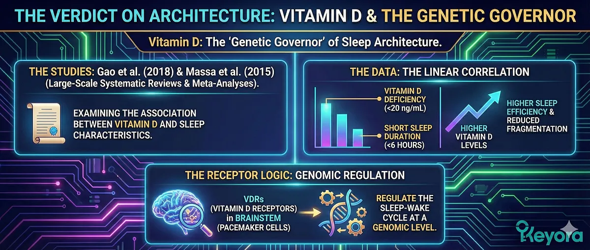 The Clinical Verdict on Architecture validates Vitamin D as the "Genetic Governor" of sleep. Systematic reviews and meta-analyses (Gao 2018, Massa 2015) show a strong, consistent, linear correlation between Vitamin D deficiency (<20 ng/mL) and Short Sleep Duration (<6 hours) . Higher Vitamin D correlates with improved Sleep Efficiency and reduced fragmentation, supporting the mechanism that Vitamin D Receptors (VDRs) in the brainstem regulate the sleep-wake cycle at a genomic level.The Clinical Verdict on Architecture validates Vitamin D as the "Genetic Governor" of sleep. Systematic reviews and meta-analyses (Gao 2018, Massa 2015) show a strong, consistent, linear correlation between Vitamin D deficiency (<20 ng/mL) and Short Sleep Duration (<6 hours) . Higher Vitamin D correlates with improved Sleep Efficiency and reduced fragmentation, supporting the mechanism that Vitamin D Receptors (VDRs) in the brainstem regulate the sleep-wake cycle at a genomic level. The Clinical Verdict on Architecture validates Vitamin D as the "Genetic Governor" of sleep. Systematic reviews and meta-analyses (Gao 2018, Massa 2015) show a strong, consistent, linear correlation between Vitamin D deficiency (<20 ng/mL) and Short Sleep Duration (<6 hours) . Higher Vitamin D correlates with improved Sleep Efficiency and reduced fragmentation, supporting the mechanism that Vitamin D Receptors (VDRs) in the brainstem regulate the sleep-wake cycle at a genomic level.The Clinical Verdict on Architecture validates Vitamin D as the "Genetic Governor" of sleep. Systematic reviews and meta-analyses (Gao 2018, Massa 2015) show a strong, consistent, linear correlation between Vitamin D deficiency (<20 ng/mL) and Short Sleep Duration (<6 hours) . Higher Vitamin D correlates with improved Sleep Efficiency and reduced fragmentation, supporting the mechanism that Vitamin D Receptors (VDRs) in the brainstem regulate the sleep-wake cycle at a genomic level.